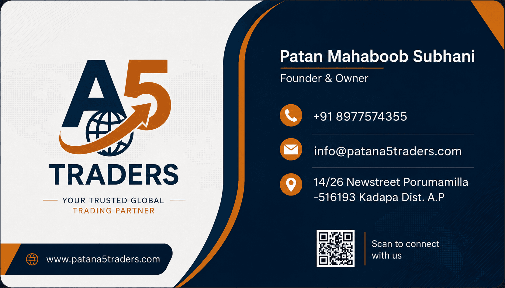 Patan Mahaboob Subhani Founder and Owner business card for A5 Traders